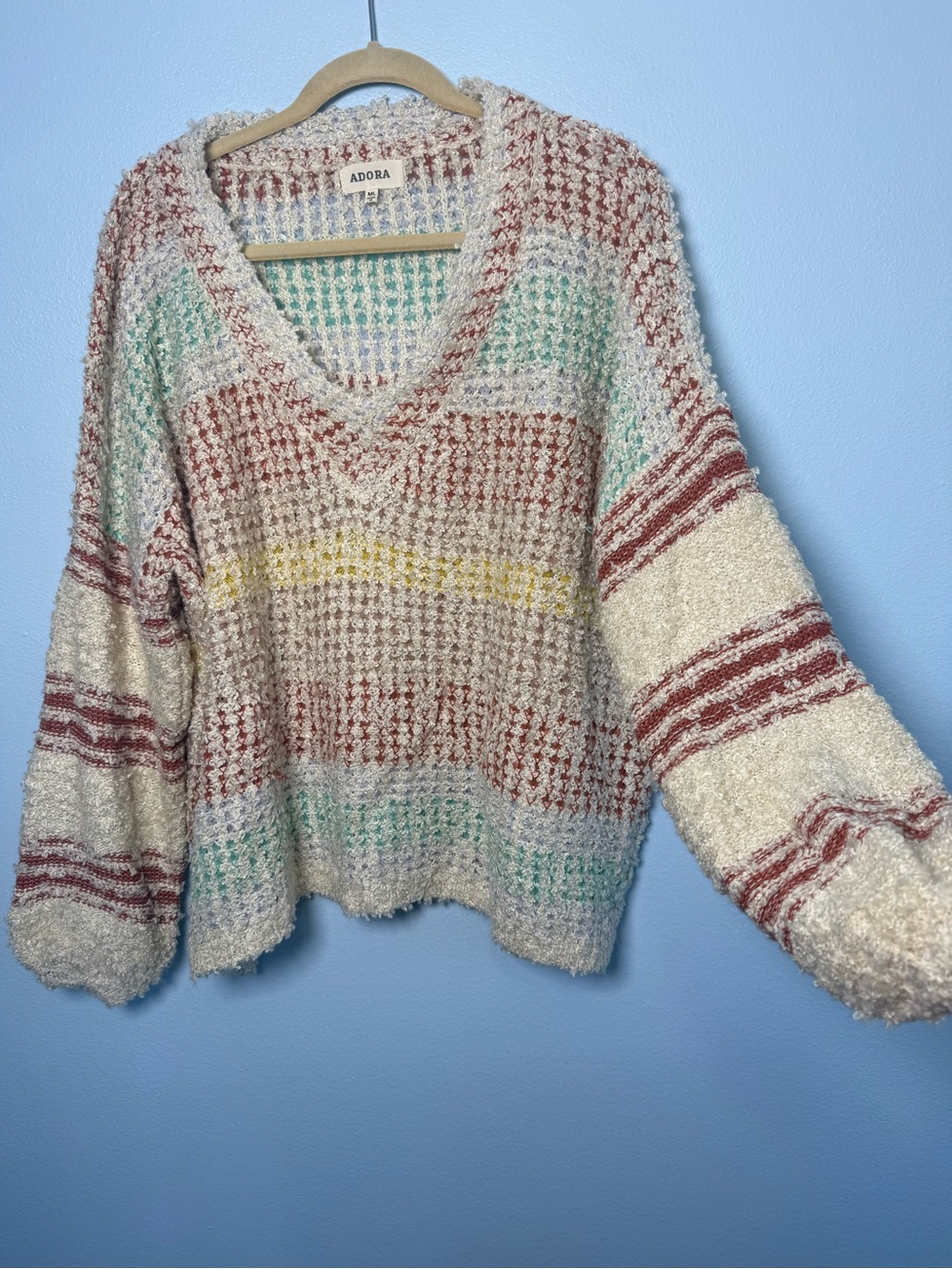 ADORA Cream V-Neck Sweater with Rust, Mint & Yellow Stripes
